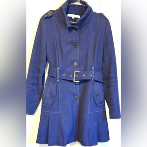 Kenneth Cole Y2K VTG Wool Pleated Flare Belted Trench Coat Navy Luxury Designer